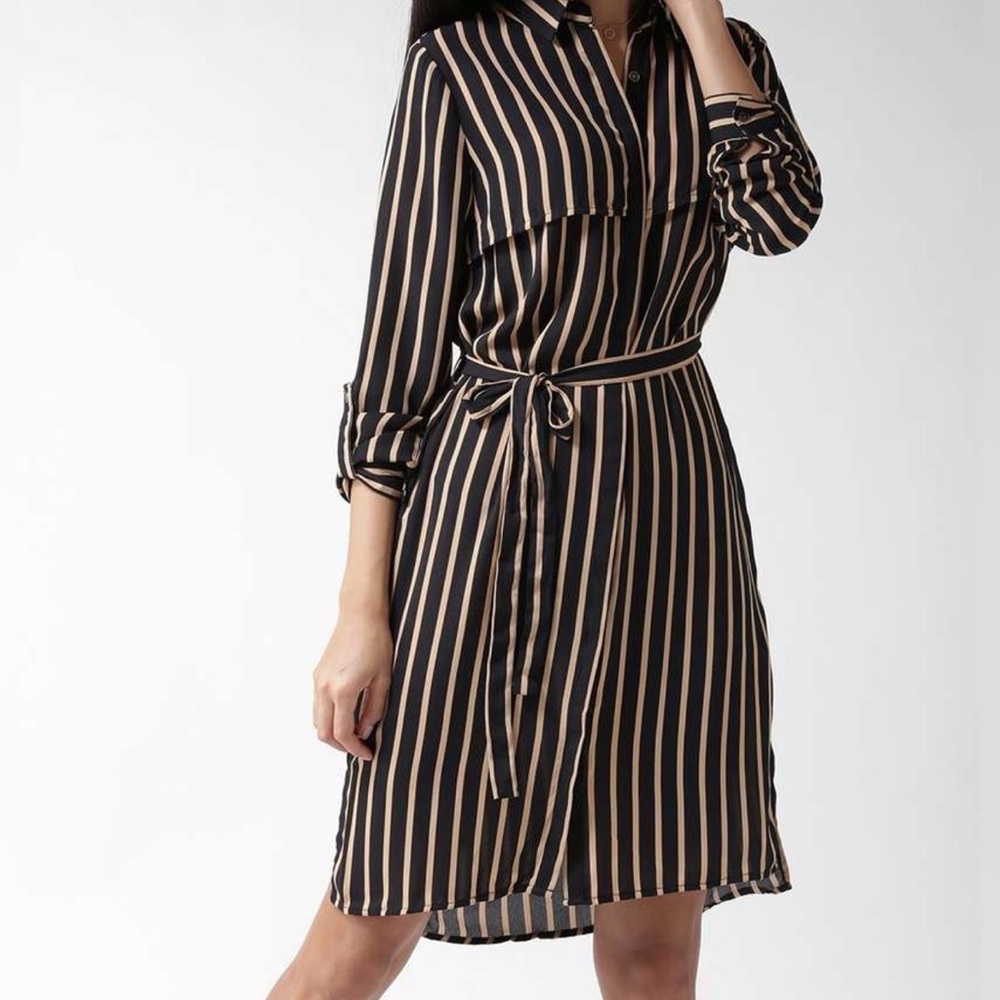 Black and Tan Striped Long Sleeve Dress